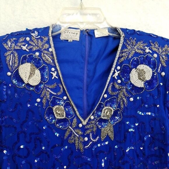 Vintage 2 Piece Silk Blouse Skirt Set Size 10 Blue Silver Beaded Shoulder Pads - Picture 4 of 12